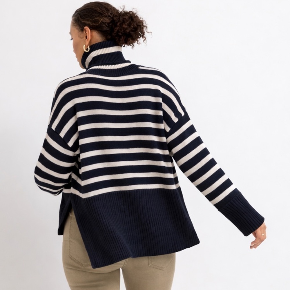 GAP 24/7 Navy Breton Stripe Chunky Cotton Turtleneck Unisex Medium Coastal Cozy